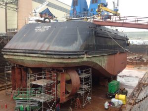 dry docked ship being repaired in Philadelphia